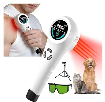 Rotlicht Handgerät, 4x808nm+16x650nm, 4000mAh Tragbar Infrarotlampe, 4Modi leistungsstarke Rotlichtlampe für Sportler, Fitnessfans & Senioren, für Mensch & Haustier, mit Schutzbrille & Ständer, weiß