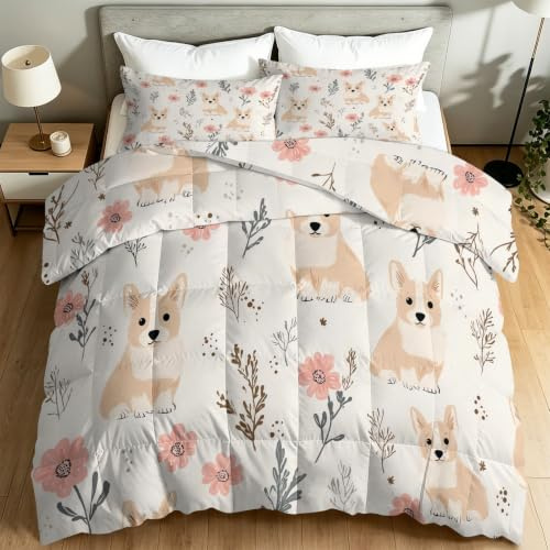 Couette d'été 260 x 240 cm pour Lit 2 Personnes, Douce et Respirante Couverture - Lavable en Machine - Pastoral Floral Animal Mignon Corgi Couette pour Adultes, Enfants et Adolescents, Blanc