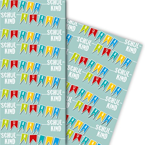 Buntes Einschulungs Geschenkpapier mit Wimpel Hurra Schulkind , 32 x 48cm (4 Bögen) Dekorpapier, Papier zum Einpacken, für tolle Geschenk Verpackung und Überraschungen