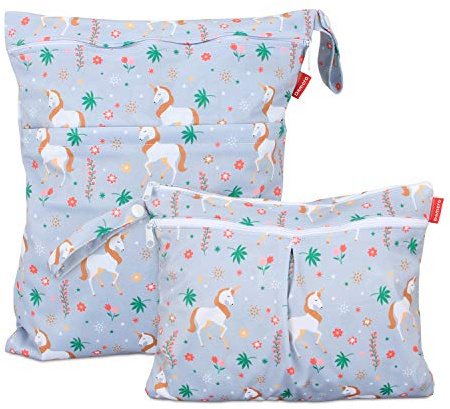 Damero 2 Stück windeltasche wetbag wiederverwendbar, Nasstaschen für Unterwegs, Wetbag windelbeutel für Babys Windeln, schmutzige Kleidung und anderes Zubehör, (Groß + Klein, Einhorn)