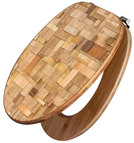 banjado Design WC Sitz Bambus 45x37,5cm - Toilettendeckel - Toilettensitz Bambus - hochwertiger Klodeckel - WC-Sitz Universal für alle gängigen Toiletten - Motiv Hölzernes Flickwerk