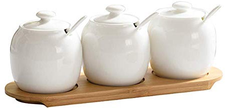 Molinter Spice Jars Ceramic Spice Jars with Spoons Bamboo Spice Holder Alternative to Spice Rack Spice Rack for Kitchen Dining Table 3 Pieces / Set