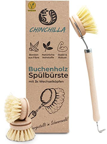 Chinchilla Spülbürste aus Buchenholz | nachhaltige Küchenbürste mit Naturfaserborsten | inkl. 3 Wechselköpfen | plastikfrei & langlebig, CC-1016-1, Braun, Spülbürste + 3 Wechselköpfe