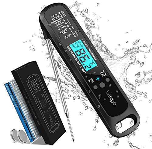 Venigo Digital Meat and Food Thermometer for Cooking and Grilling, Waterproof Instant-Read Cooking Thermometer, Kitchen Probe Thermometer for Baking, Roasting, Smoking, Deep Frying (Black)
