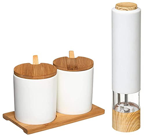 WELL HOME MOBILIARIO & DECORACIÓN Set DE Molinillo DE Pimienta ELECTRICO + 2X Tarro para Especias EN CERÁMICA Y Base EN BAMBÚ