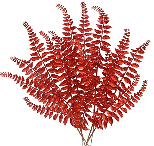 Oairse 60CM 6er Set Kunstpflanze Kunstzweig Weihnachten deko Glitzer, Weihnachten Blätter für Weihnachtsbaum Neujahr Ornamente, Künstliche Farn für Feiertags-Esstischdekoration, Rot