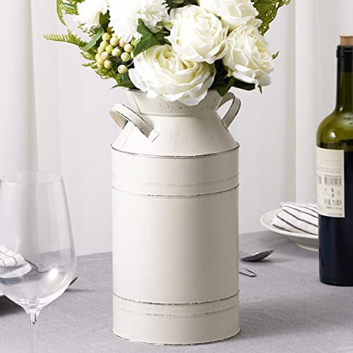 12 Tall Large Galvanized Metal Farmhouse Tin Milk Can for Front Porch Decorative, Rustic Antique Tall Milk Churn Jug Floor Vase, Vintage Old Country Flower Holder Pitcher Barn Vase (White)