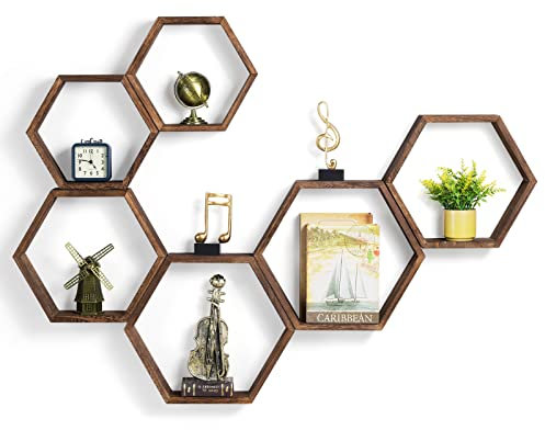 YBING Schwebendes Sechseck-Regal Wandregal aus Holz (Braun-6Pack)