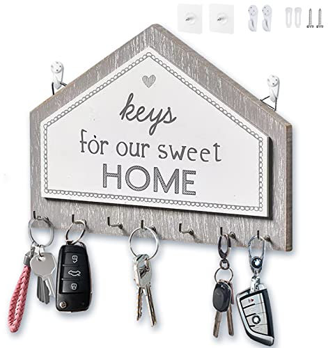Echehi 7 Ganci Portachiavi da Parete in Legno, Autoadesivo o Forato 2 Modi Installazione Appendichiavi, Portachiavi a Parete Moderno Per la Casa, Grigio