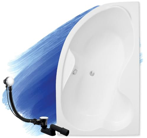 BADLAND Badewanne Original Weiß Acryl Wanne Eckbadewanne MEGA 160x105 Rechts KOMPLETTSET SET + Füßen und Exklusive Chrom Automatik Ablaufgarnitur Made in EU 3in1