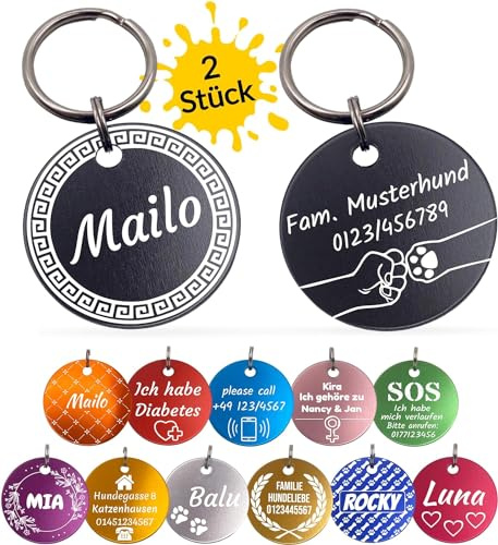 Unikat Branding | Hundemarke personalisiert im Doppelpack, Erkennungsmarke für Hunde & Katzen, beidseitig gravierbar mit Name, Telefonnummer & Adresse, Adressanhänger rund | 35mm