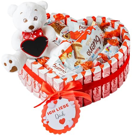 Onza San Valentín regalos mujer - Oso peluche san valentín - Corazón Kinder con Chocolates para regalar Kinder Bueno, Happy Hippo, Chocobons, Cards - Regalos originales parejas