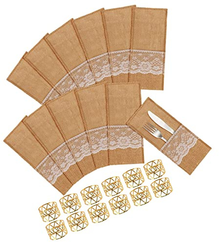 24 Stück Jute Bestecktaschen Besteckbeutel Sackleinen mit Spitze Besteckhalter Besteckständer Messer und Gabeln Tasche Besteck Utensilienhalter mit Metall Gold Serviettenschnallen Vintage Tischdeko