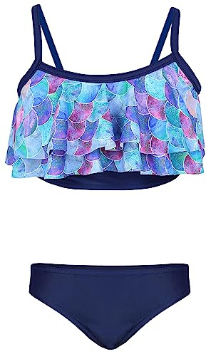 Aquarti Girls Costume da Bagno Bustier Bikini Set Bambine e Ragazze Due Pezzi, 030A con Volant/Sirena/Viola/Blu Scuro, 134