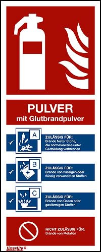 Brandschutzzeichen Feuerlöscher Pulver mit Glutbrandpulver Aluminium (0,5 mm), 80 x 200 x 0,5 mm, langnachleuchtend 55/8 mcd DIN 67510 Leuchtklasse B