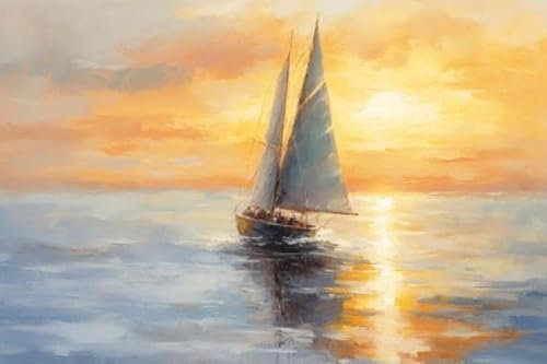 adrium Acryl-Bild 50 x 30 cm: Segelboot auf dem Meer bei Sonnenuntergang. Ölgemälde-Effekt. (207733137)