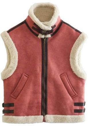 Frau Weste Faux Schaffell Weste Chic Lady Faux Leder Fleece Warme Weste Frau Ärmellose Jacke, ziegelrot, 36