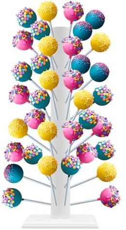 Support de Sucette,Présentoir à Gâteau 61 Trous en Bois pour Ballons,Cake Pops,Bonbons ect.40.5x14.7x14.7CM (Rond-Blanc)