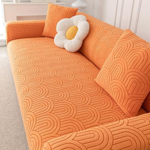 TANYAZ High Stretch Sofabezug Moderne Jacquard-Velours Sofaüberwurf Elastische Sofahusse Couchbezug für Wohnzimmer Protector für Hunde Haustiere (Color : Orange, Size : 5 Seater)
