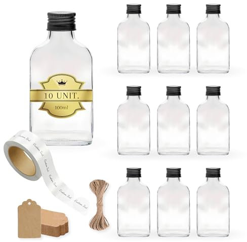 20x Bouteilles en Verre 100ml Style Flasque à Alcool avec Bouchon a Vis Doré + 20 Étiquettes Personnalisées + 20 Étiquettes Kraft + Ficelle - Flacon pour Whiskey, Rhum, Liqueur - Fioles de Poche