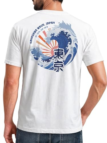 Neverless® Backprint T-Shirt Herren Welle Kanagawa Japan Schriftzeichen Printshirt Brustlogo Sommer Fashion Weiss M