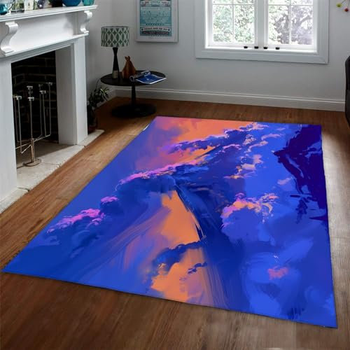 LANDERSION Waschbarer Teppich Rutschfester Blauer Teppich Naturlandschaft Berge Teppiche für Wohnzimmer Wolke Indoor Outdoor Teppiche für helle Eingangsdekoration 90x180cm