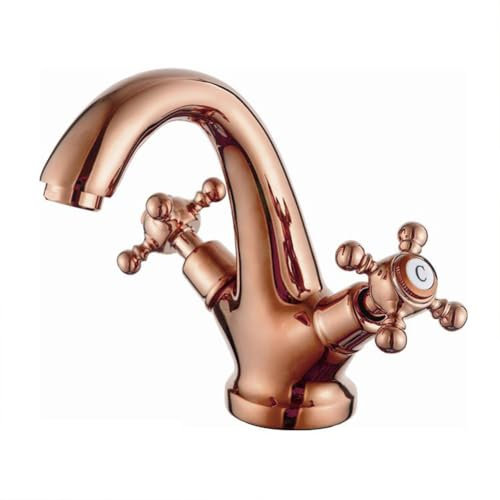 Wasserhahn Bad Waschtischarmatur Retro Antik Stil Messing Zweigriff Mischbatterie Waschbecken Armatur, Badarmatur Waschtischbatterie Badezimmer, Roségold