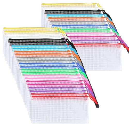 DAJAVE 36 Stück Kunststoffhüllen A6 Kunststoff Reißverschluss Brieftaschen Kleine Kunststoffhülle Klar Federmäppchen A6 Mesh Dokumententasche für Schulbedarf, Rechnungen, Bargeld, Schreibwaren – 12