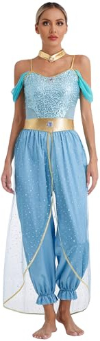 Linjinx Bauchtanz Kostüm Damen Prinzessin Pailletten Kleid Arabische Indische Halloween Karneval Fasching Blau L