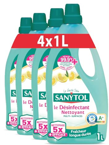 Sanytol - Désinfectant Nettoyant Multi-Surfaces - Parfum Citron – 1L - Lot de 4 - Sans Javel, Air Label Score A+ - Nouvelle formule 5X plus nettoyante – Fraîcheur longue durée
