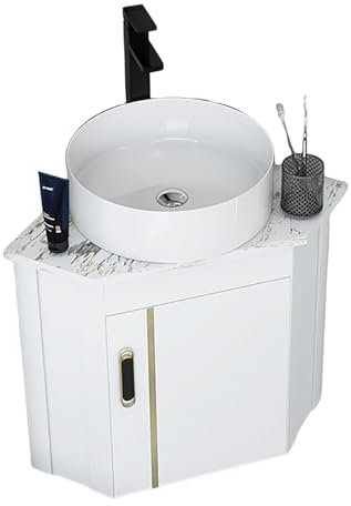 Badezimmer-Eckwaschbecken Mit Unterschrank, Wandmontiertes Keramikwaschbecken, Waschbecken Mit Wasserhahn und Abfluss, Badmöbel Set für Kleine Bäder(43cm)
