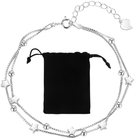 HUZNA 2 in 1 Bracciale Donna Argento 925 Catena Stella Braccialetto, Bracciale in Argento Con Stelle e Perline Per Le Donne, Regolabile, Regalo Mamma Amica Compleanno,Bracciali per Donna Ragazze