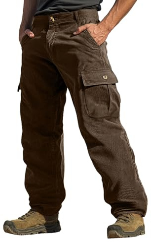 SOOUICKER Arbeitshosen Männer Cargo Stretch Cargohose Outdoor Cord Vintage Cordhose Baggy Cargo Wanderhose mit Seitentaschen Weit Trekkinghose Lang Viele Taschen