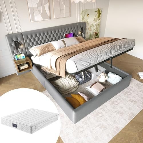 Bettanlage Schlafzimmer Komplett Set,Polsterbett Hydraulisch Stauraumbett Doppelbett 160×200 cm mit 2 Nachttischen, Kopfteil Leselicht mit USB Ladefunktion-241×210×105 cm, Grau, Samt (Mit Matratze)