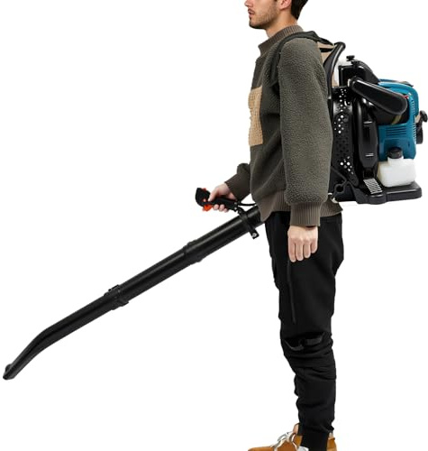 Soplador de hojas con salida de mochila, 75,6 cc, 4 tiempos, gasolina, aspirador de hojas con depósito de combustible de 1,9 litros, ideal para el cuidado del césped, limpieza de hojas y limpieza de