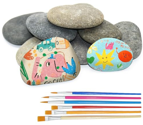 10 Stück Flache Steine zum Bemalen, 5-8 CM Glatte Große Kieselsteine, Natürlicher Flussstein, Dekosteine Naturstein für Bastelarbeiten Bunte Malerei Dekoration Blumentöpfen Aquarien (mit Malpinsel)