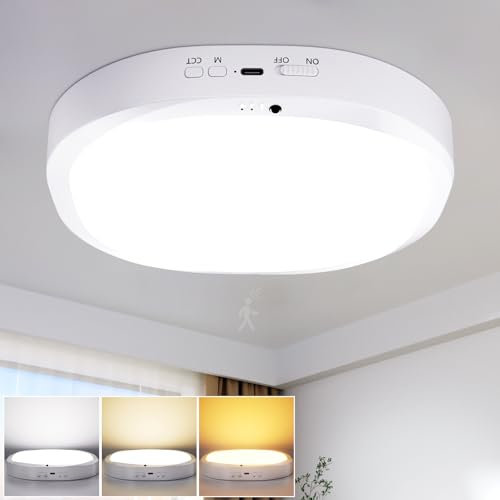 Lampe de Plafonnier LED avec Batterie 10000mAh, Détecteur de Mouvement, Plafond Rechargeable sans Fil, Télécommande et Minuterie,3 Températures de Couleur,pour Salle de Bain,Garage, Escalier, Couloir