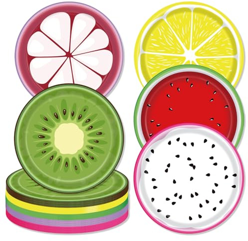 Lousuip 50 Pcs Fruit Plates Tutti Frutti Disposable Tableware 7 Inch Dessert Plates Lemon Watermelon Kiwi Mangosteen Party Supplies for Birthday Summer Baby Shower Party