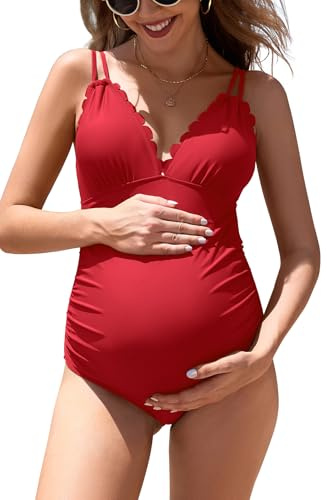 SHEKINI - Traje de baño de maternidad para mujer de Santiago con borde V de cuello de maternidad de una pieza de arco para embarazo, rojo, S
