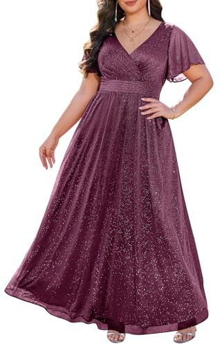 Talisea Formelle Kleider in Übergröße – V-Ausschnitt, Flatterärmel, Glitzer, Abschlussball, Abendkleid, Hochzeitsgäste, Chiffon, langes Maxikleid, Violett-Glitzer, 52 Mehr