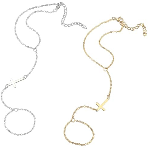 CABODYALS 2 bracelet à Anneaux Argentés et Dorés 2 couleurs Chaîne Croisée Bijoux pour la Main Vintage Bohème Pompon en Acier Inoxydable pour Femmes Accessoires de Décoration de Fête Sur la Plage Cade
