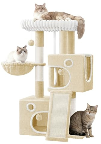 Hzuaneri Klösträd, 98 cm Litet Klösträd, Rymligt och Stabilt, med Mjuk Stor Plattform, Plyschbollar, Grottor, Klösbräda för Katt, Beige MS10118YL