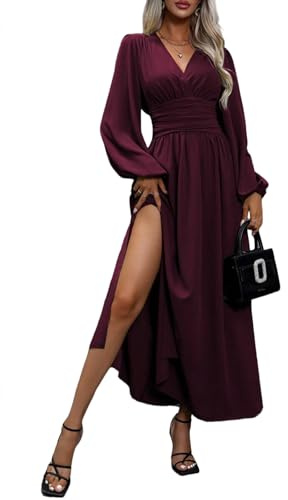 LIAMERHE Women's Winter Maxi Dress V-Neck Wrap Long Sleeve Elegant Sundress High Waist Ladies Casual Autumn Slit Elastic Dresses for Wedding Party Fuchsia M