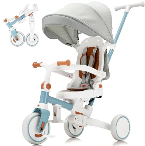 AOPEC 7-in-1 Toddler Tricycle with Parent Push Handle & Canopy, Fully Foldable & Adjustable Stroller, Balance and Pedal Bike for Kids 18 Months to 5 Years,Blue