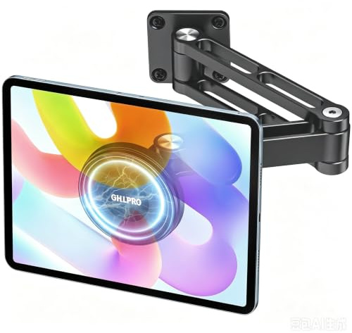 OHLPRO Magnetisk aluminium surfplatta väggfäste för 4,7–13 tums enheter | 360° vridbar och vikbar med 2-segmentarm – iPad-hållare vägg för smartphones, iPad Pro/Air, Galaxy Tab, kök, kontor