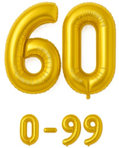 Luftballon 60 Gold | 80 cm Zahlenballon | Folienballon mit Luftröhrchen | Zahlenluftballon für Geburtstag, Jubiläum, Hochzeit, Party & Events | Helium oder Luft | Ballon Zahl | Geburtstagsdeko