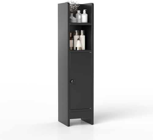COSTWAY Toilettenschrank, Badschrank schmal, Badezimmerschrank mit 2 offenen Fächern, Badregal Holz mit 2 abnehmbaren Ablagen, Aufbewahrungsschrank 20 x 18 x 80 cm (Schwarz)