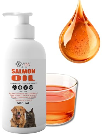 Gaczoo Huile de Saumon pour Chien & Chat 500ml– Huile de Poisson avec Omega 3 & 6, Acides Gras DHA, EPA et DPA – pour Une Peau Saine et Un Pelage Brillant – Complément Alimentaire Quotidien