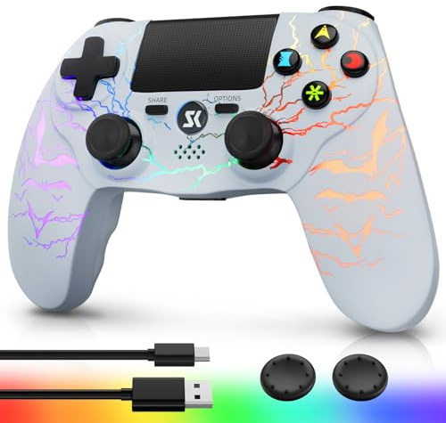 CHENGDAO LED Controller für PS4/Pro/Slim,6-Achsen/Doppelte Vibration(Weiß) | mit einstellbarer RGB/3,5-mm-Audio-Buchse/empfindlichem Touchpad