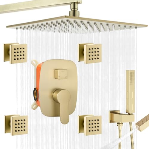 Delnet 3 Function Compact Shower System, 4 Holes 10(25.4 CM) Wall Mounted Rain Shower Head, with 4 Body Jets & 2-in-1 Handheld, Brushed Gold